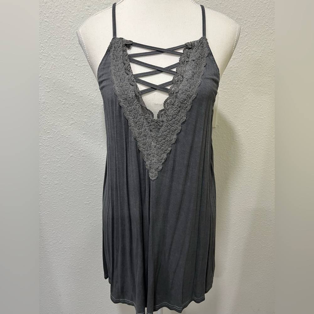 easel Gray Lace-Trim Crisscross Sleeveless Top